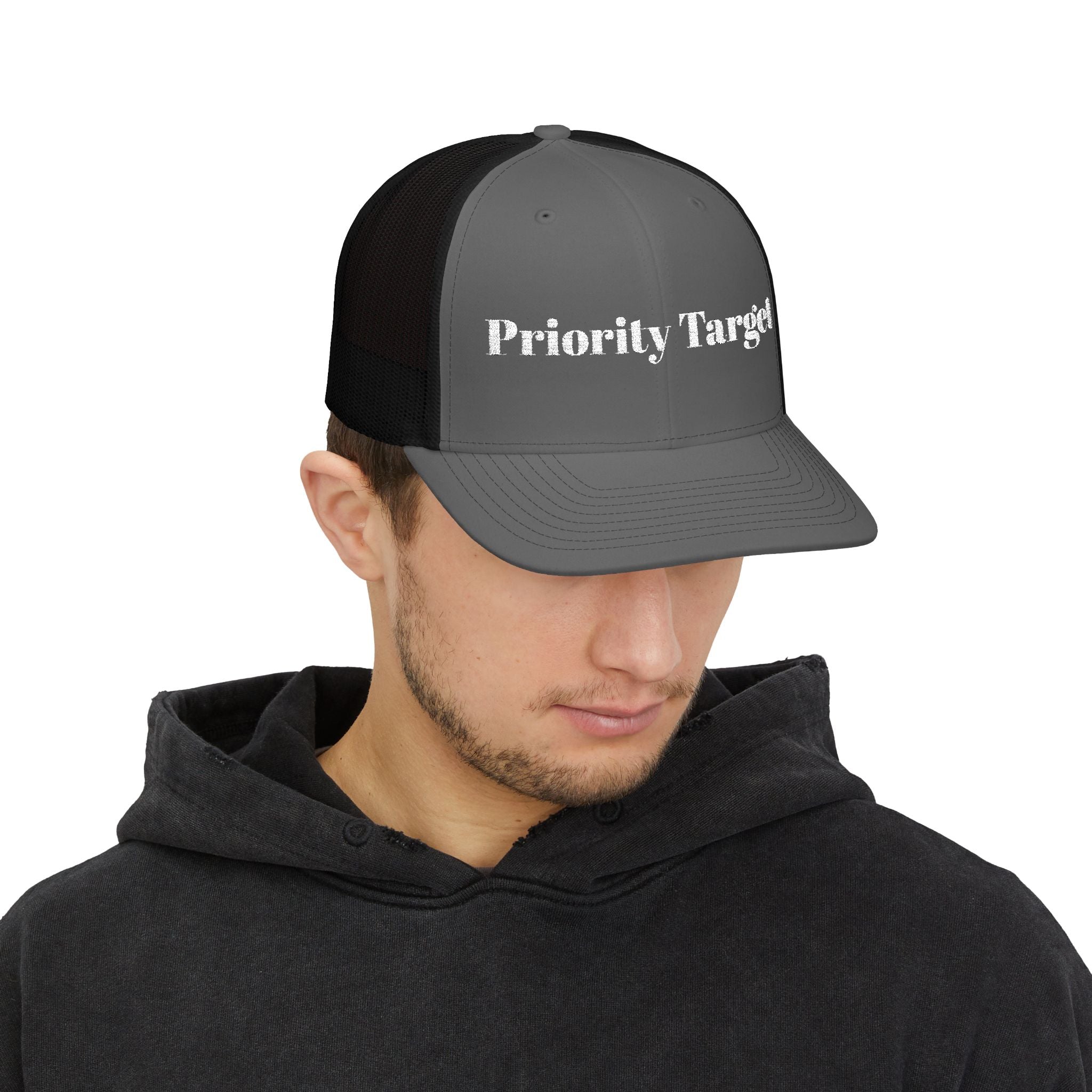 Priority Target Trucker Cap — Distressed Text Snapback Hat