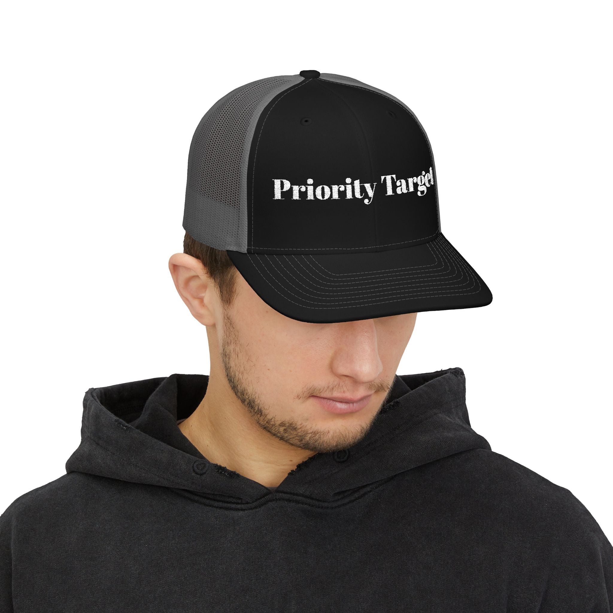 Priority Target Trucker Cap — Distressed Text Snapback Hat