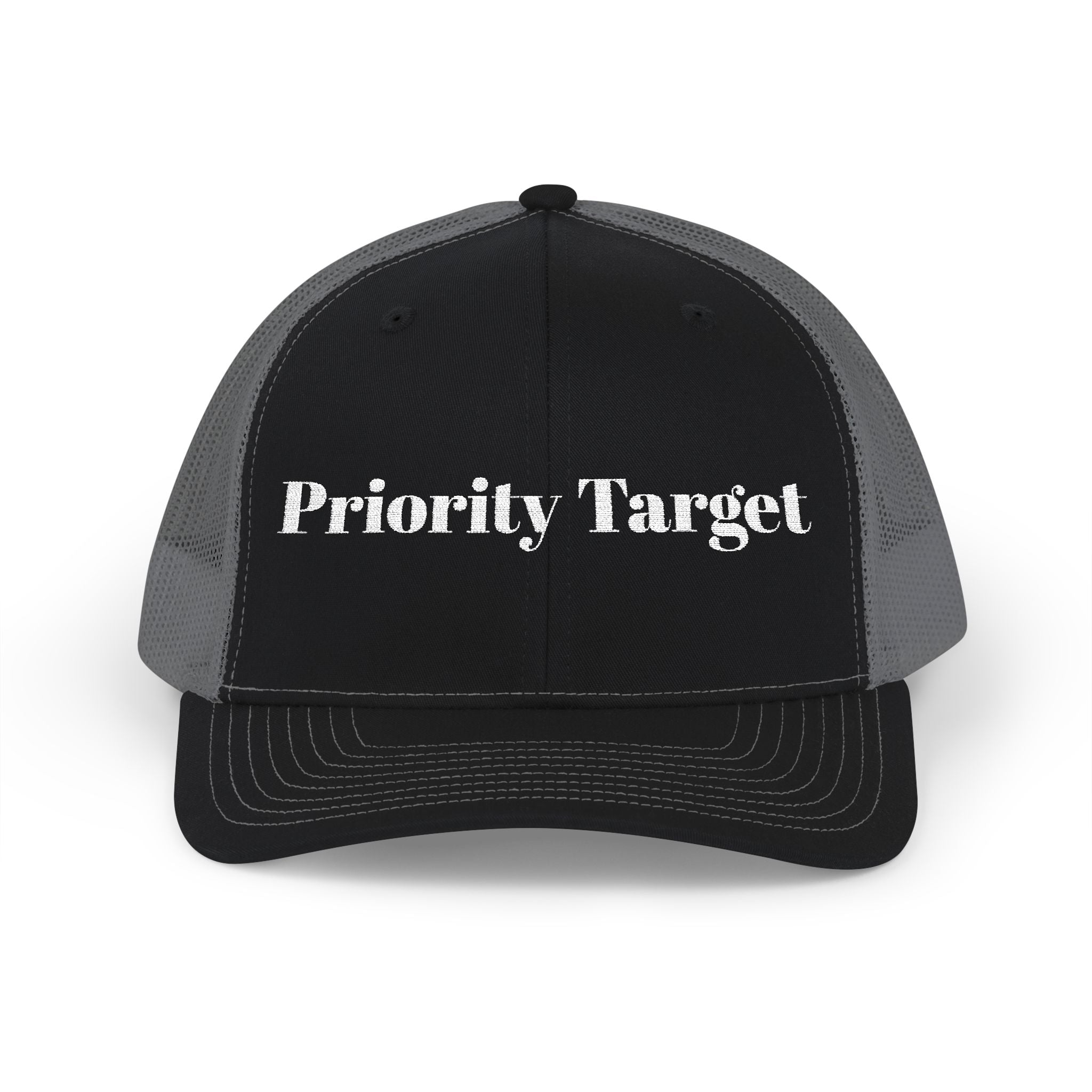 Priority Target Trucker Cap — Distressed Text Snapback Hat