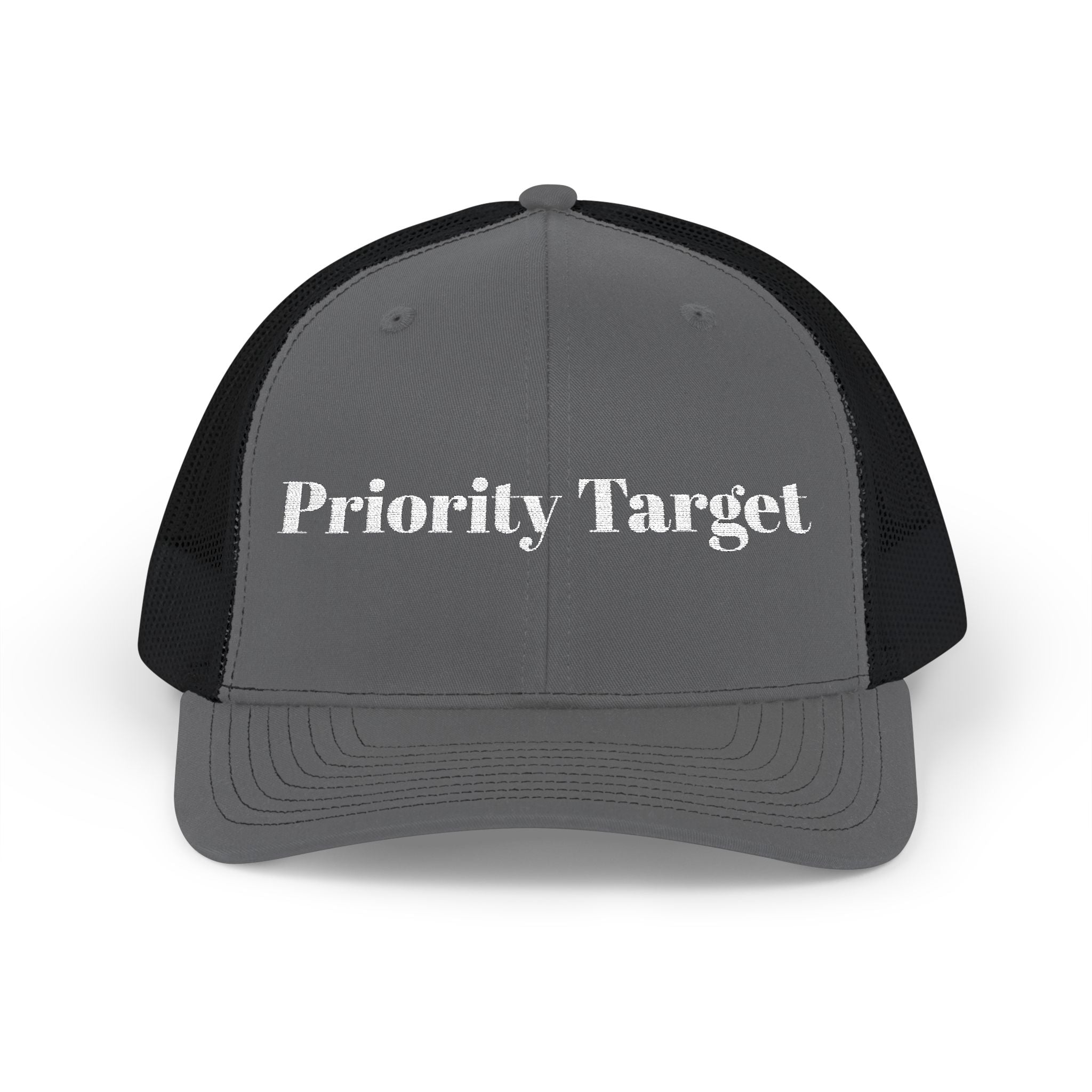 Priority Target Trucker Cap — Distressed Text Snapback Hat
