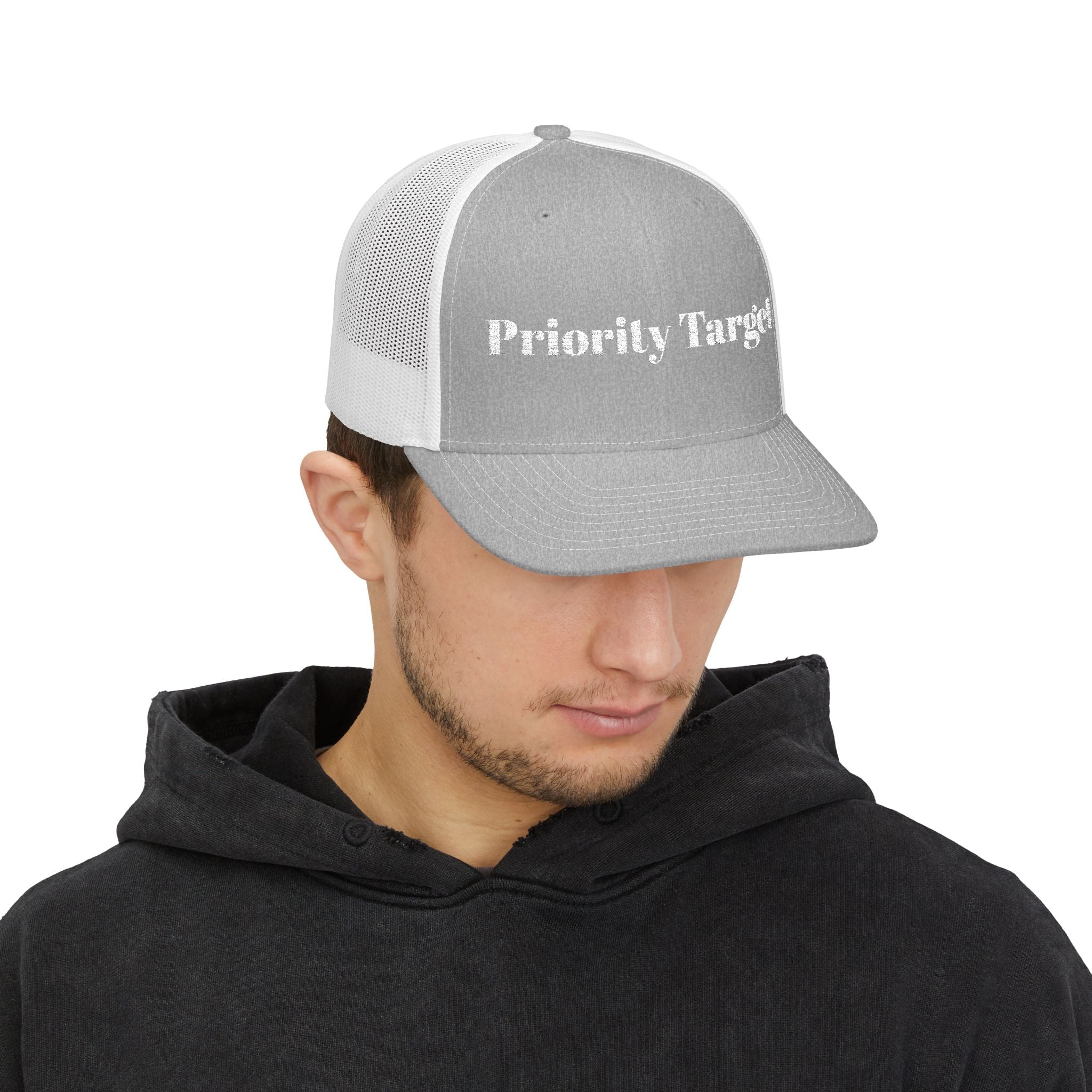 Priority Target Trucker Cap — Distressed Text Snapback Hat