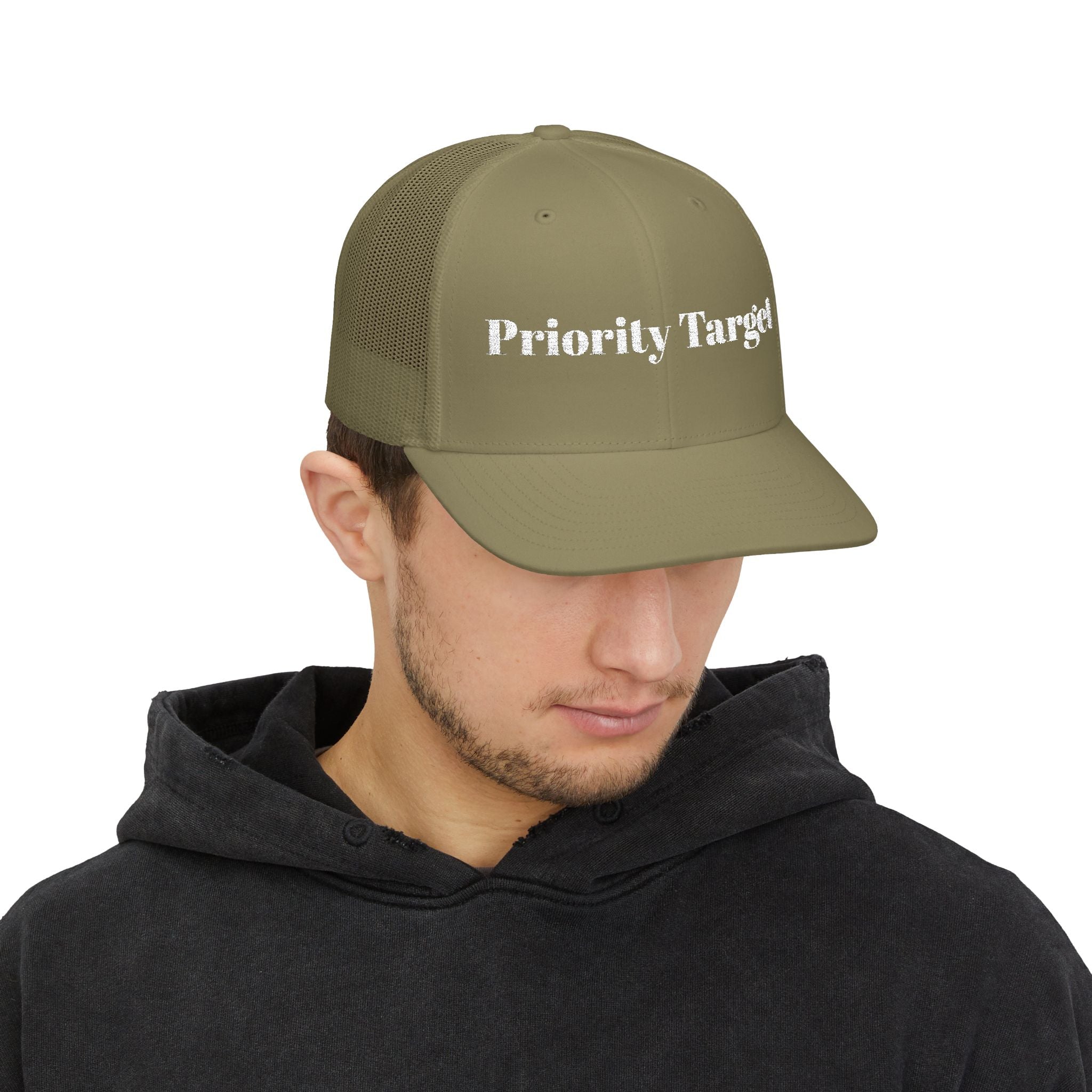 Priority Target Trucker Cap — Distressed Text Snapback Hat