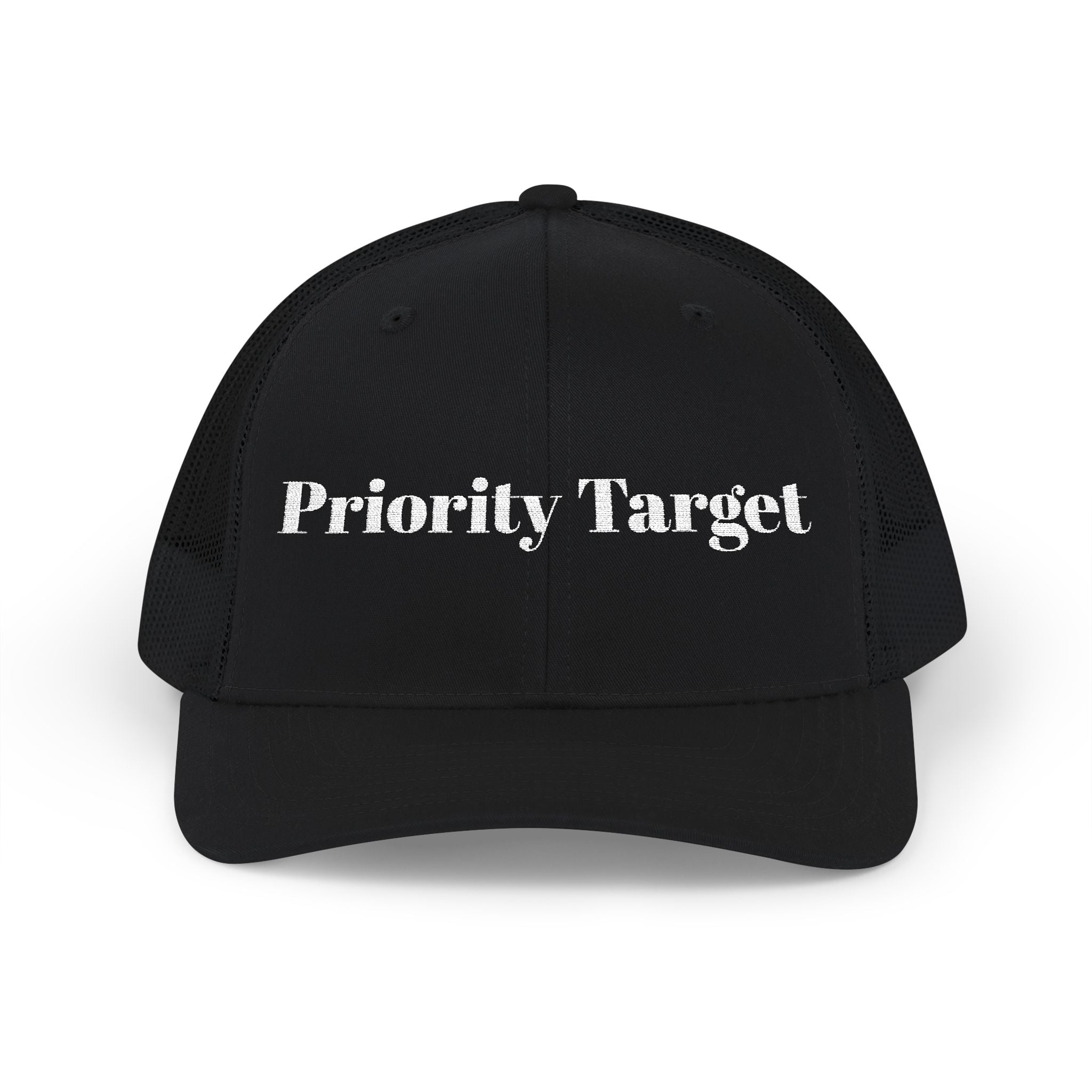 Priority Target Trucker Cap — Distressed Text Snapback Hat
