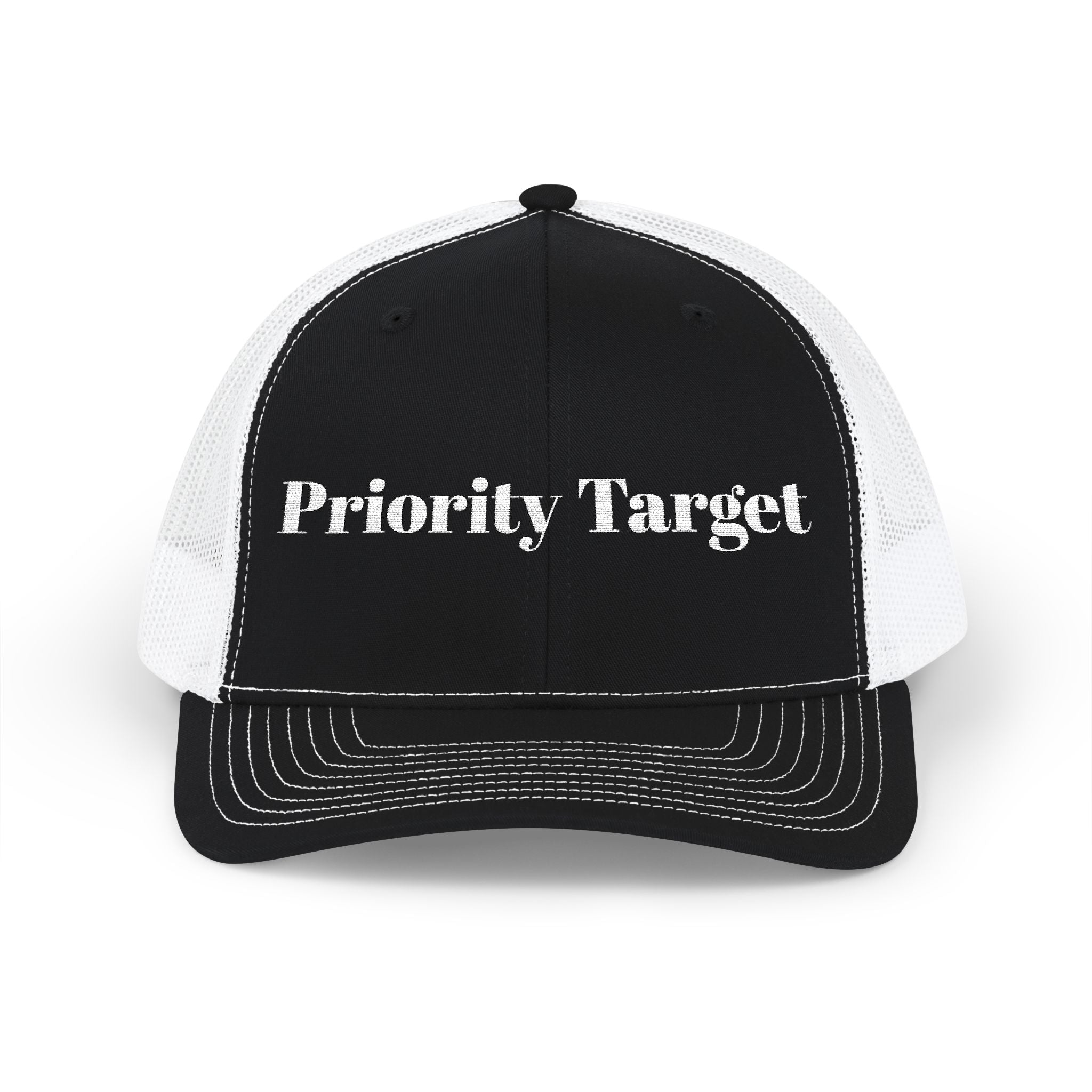 Priority Target Trucker Cap — Distressed Text Snapback Hat