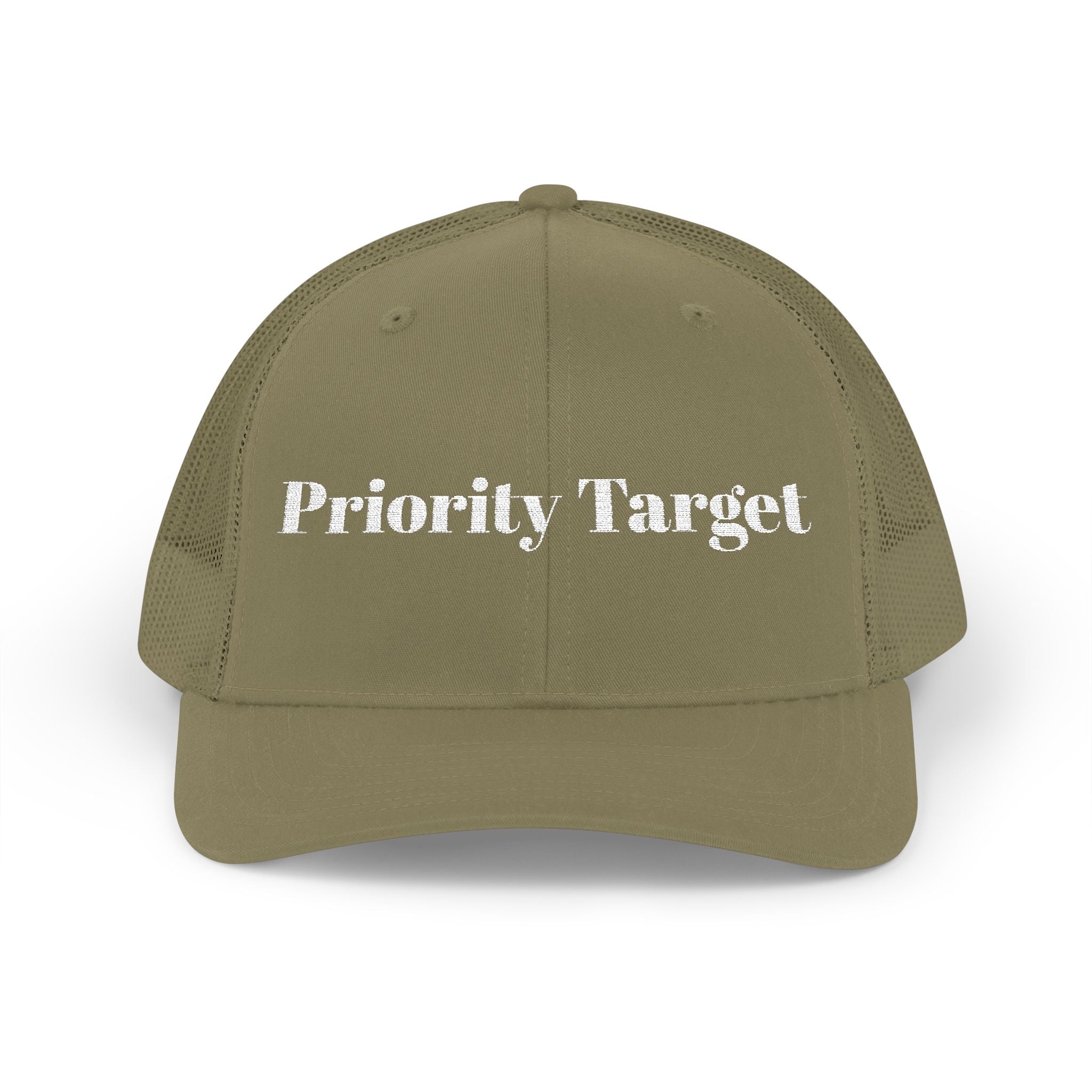 Priority Target Trucker Cap — Distressed Text Snapback Hat