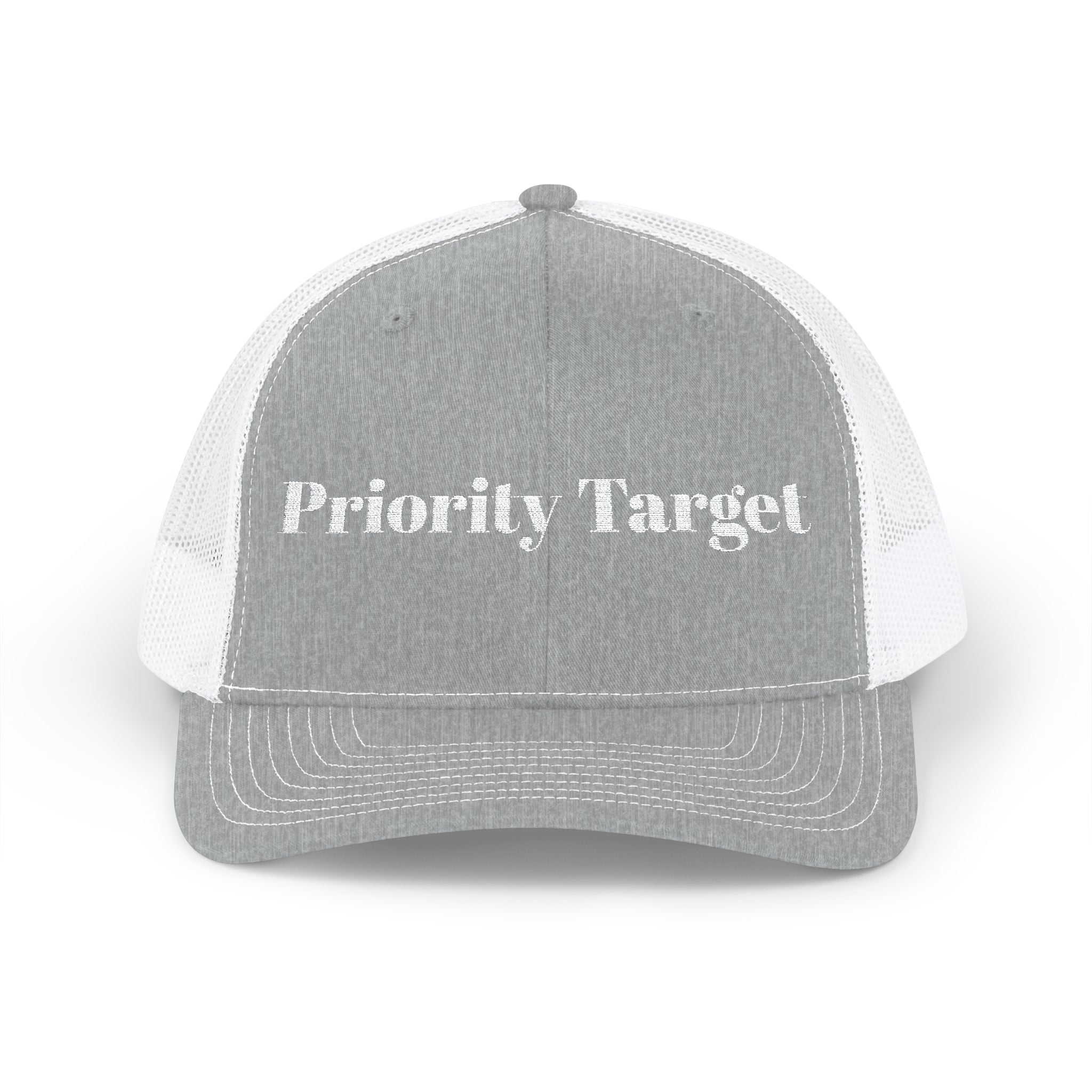 Priority Target Trucker Cap — Distressed Text Snapback Hat