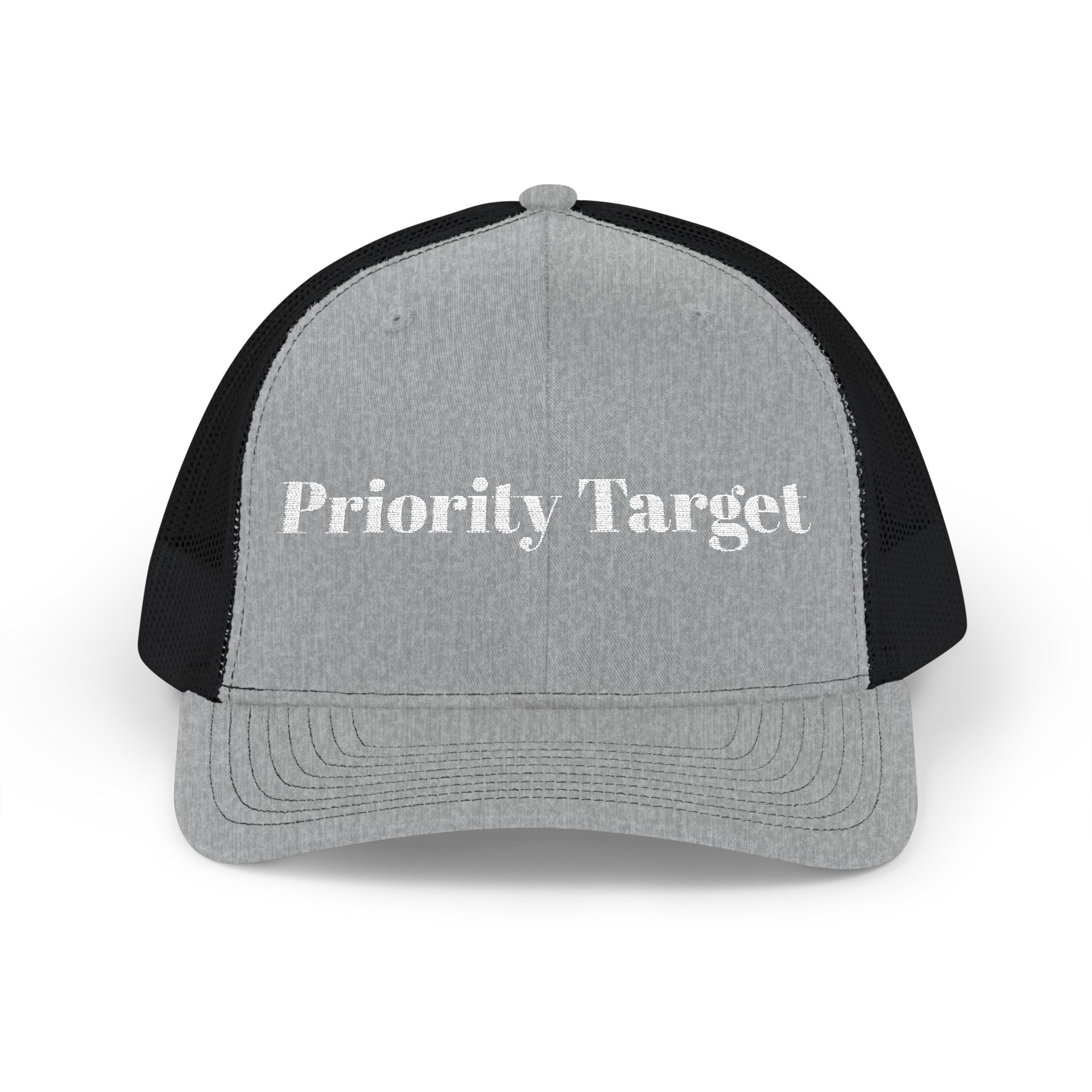 Priority Target Trucker Cap — Distressed Text Snapback Hat