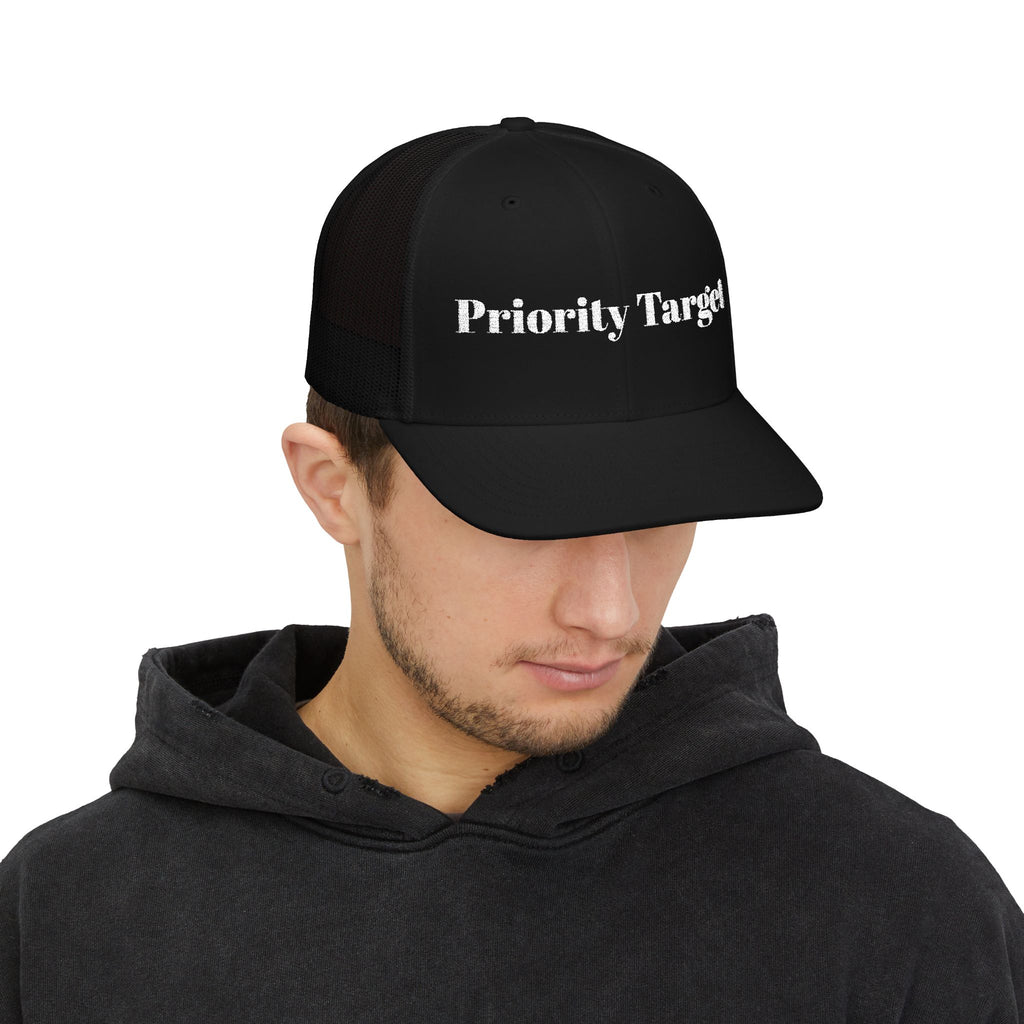 Priority Target Trucker Cap — Distressed Text Snapback Hat