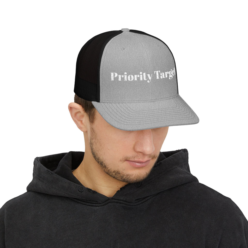 Priority Target Trucker Cap — Distressed Text Snapback Hat