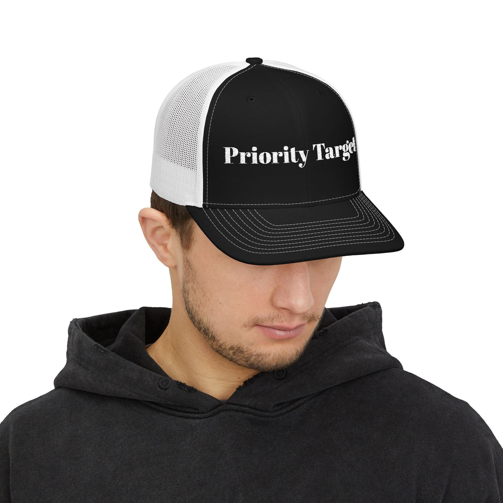 Priority Target Trucker Cap — Distressed Text Snapback Hat
