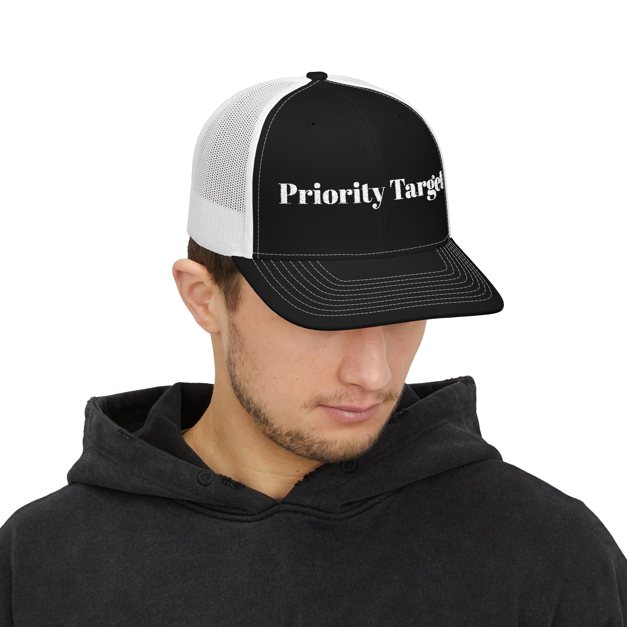 Priority Target Trucker Cap — Distressed Text Snapback Hat